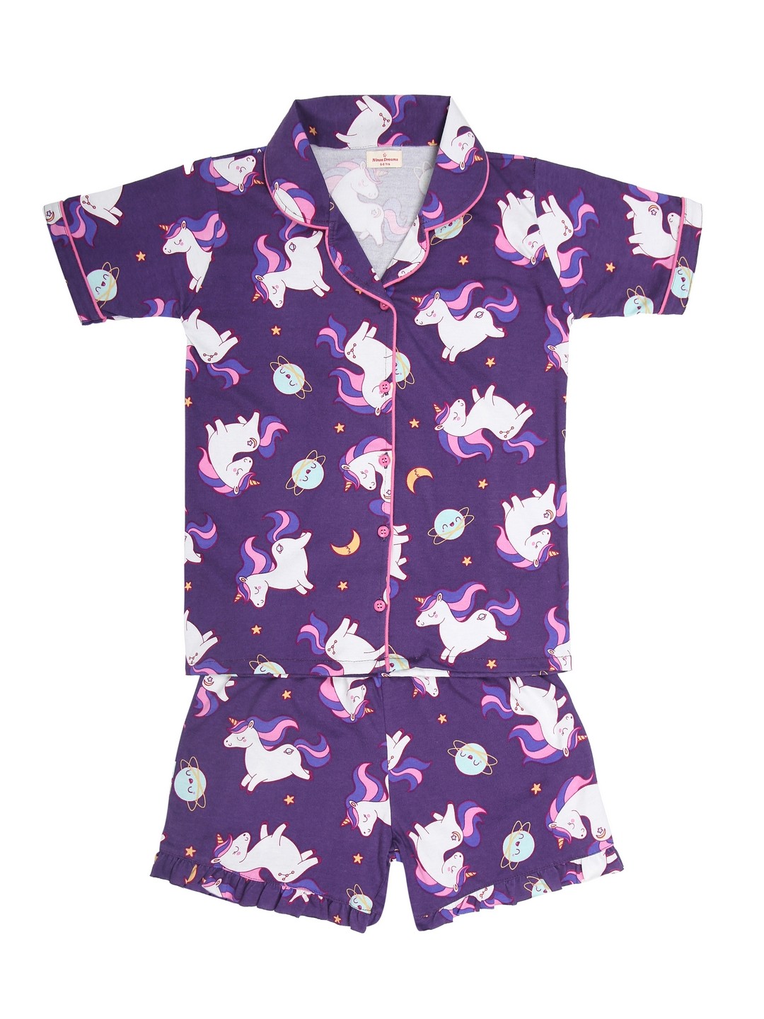 Ninos Dreams Lapel Girls Night Suit with Shorts Unicorn Printed Half Sleeves-Purple