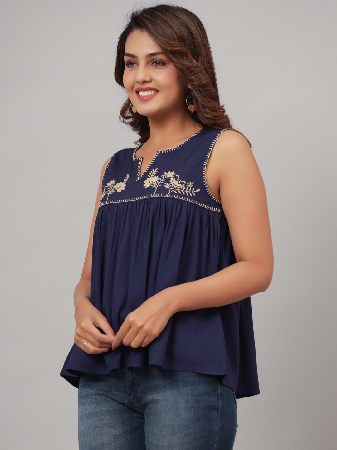 Blue Keyhole Neck Rayon Embroidery Gathered Top