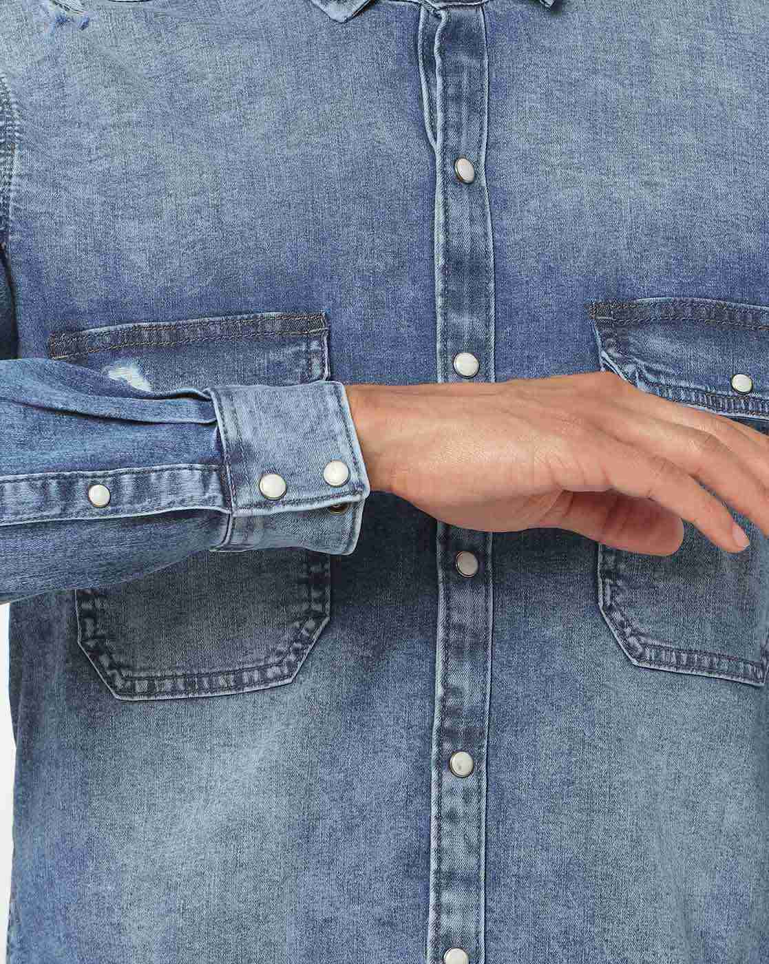 JOHN PLAYERS JEANS | Mid-Wash Slim Fit Shirt with Flap Pockets|4