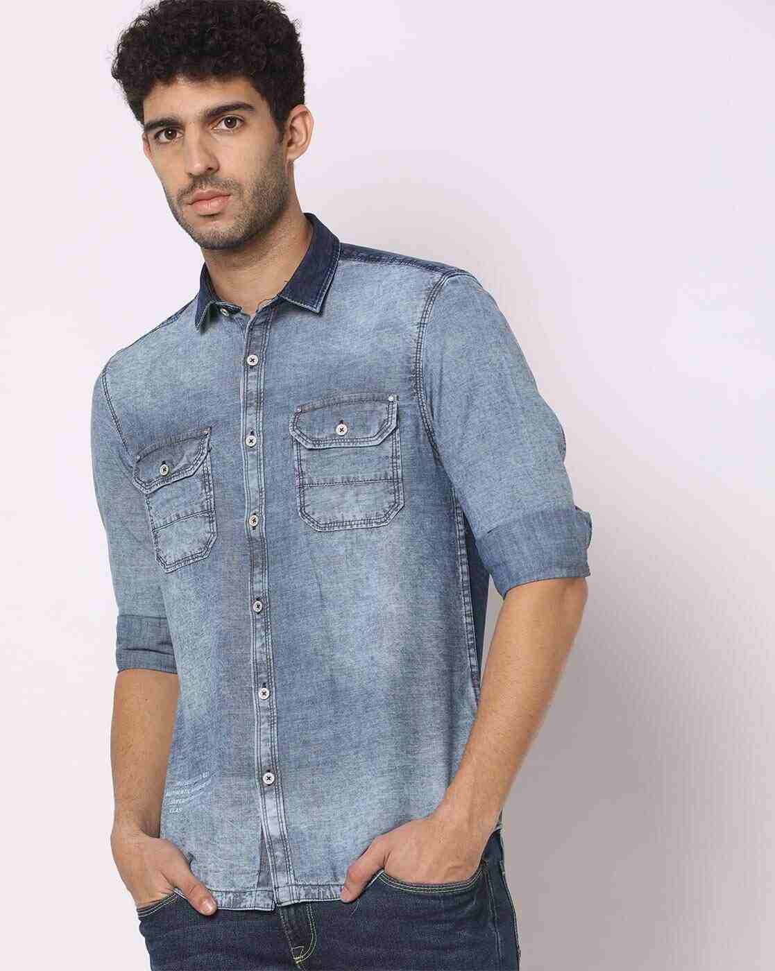 JOHN PLAYERS JEANS | Men Lightly Washed Slim Fit Shirt with Flap Pockets|0