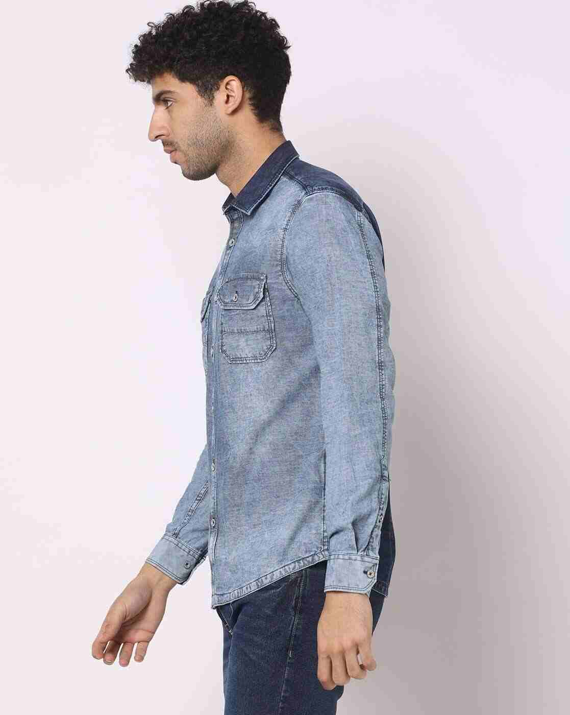 JOHN PLAYERS JEANS | Men Lightly Washed Slim Fit Shirt with Flap Pockets|1