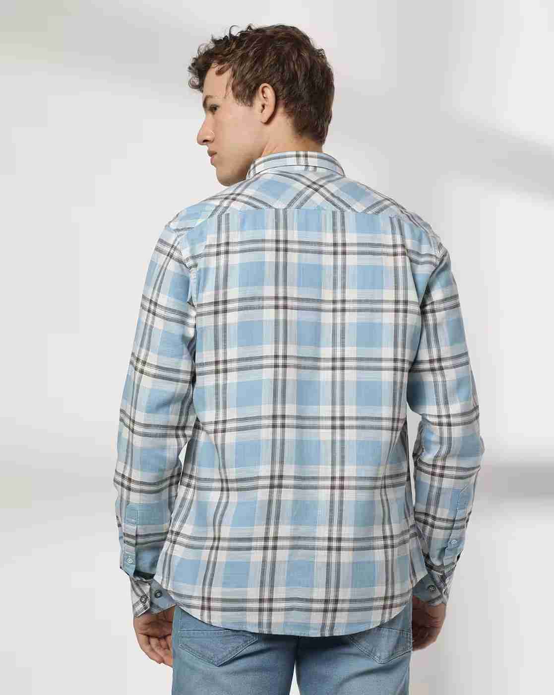 JOHN PLAYERS JEANS | Men Checked Slim Fit Shirt with Patch Pocket|2