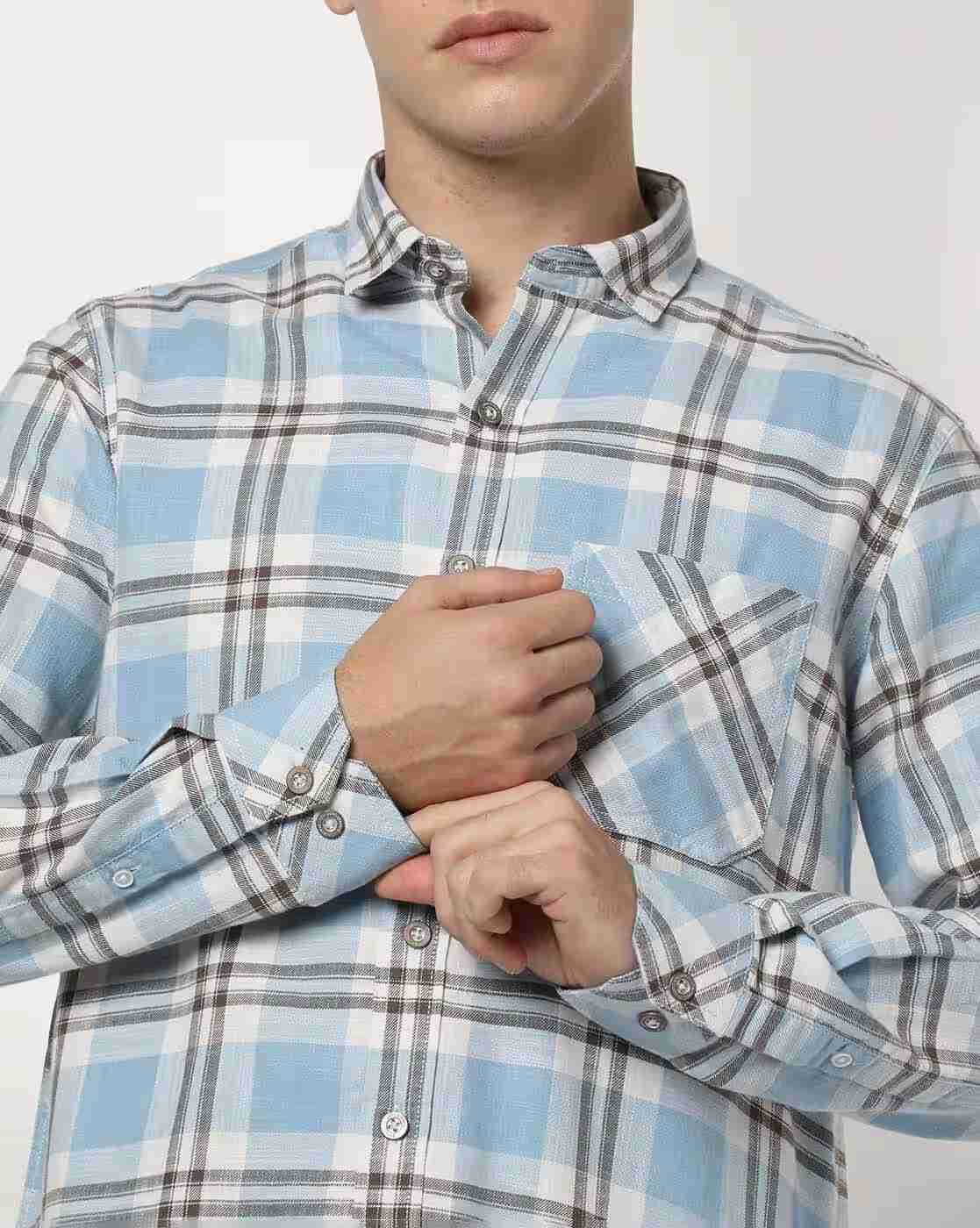 JOHN PLAYERS JEANS | Men Checked Slim Fit Shirt with Patch Pocket|4