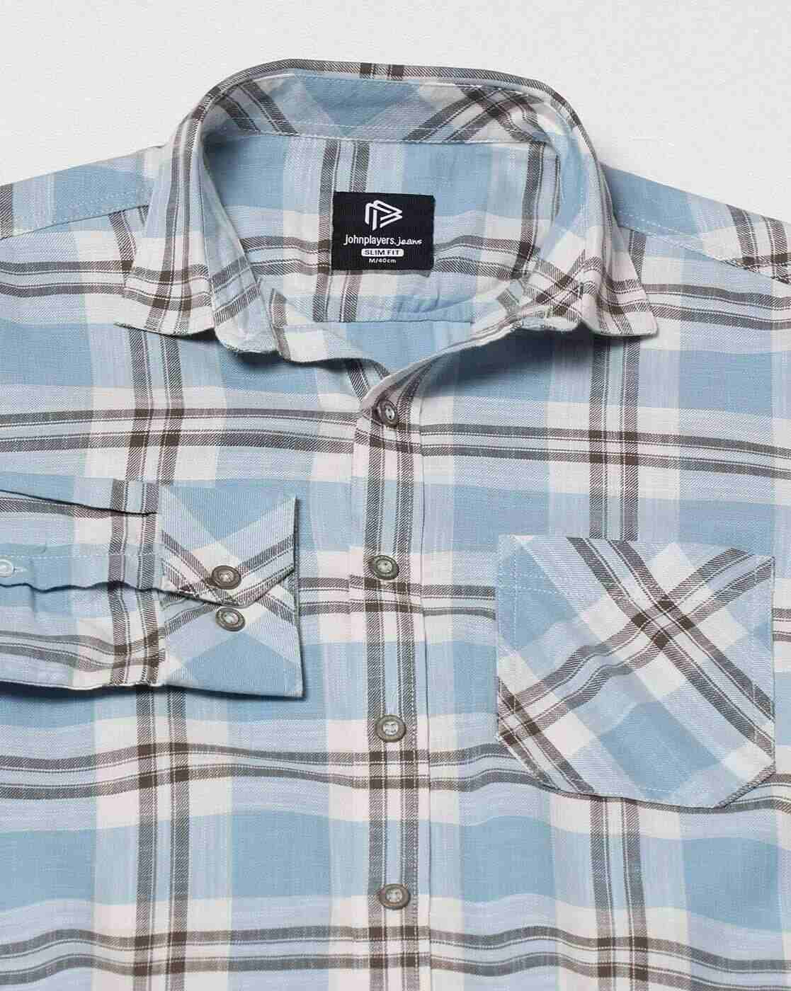 JOHN PLAYERS JEANS | Men Checked Slim Fit Shirt with Patch Pocket|5