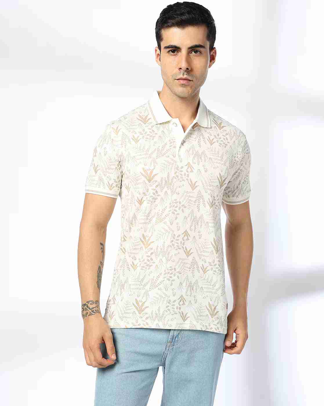 JOHN PLAYERS JEANS | Men Leaf Print Slim Fit Polo T-Shirt|0
