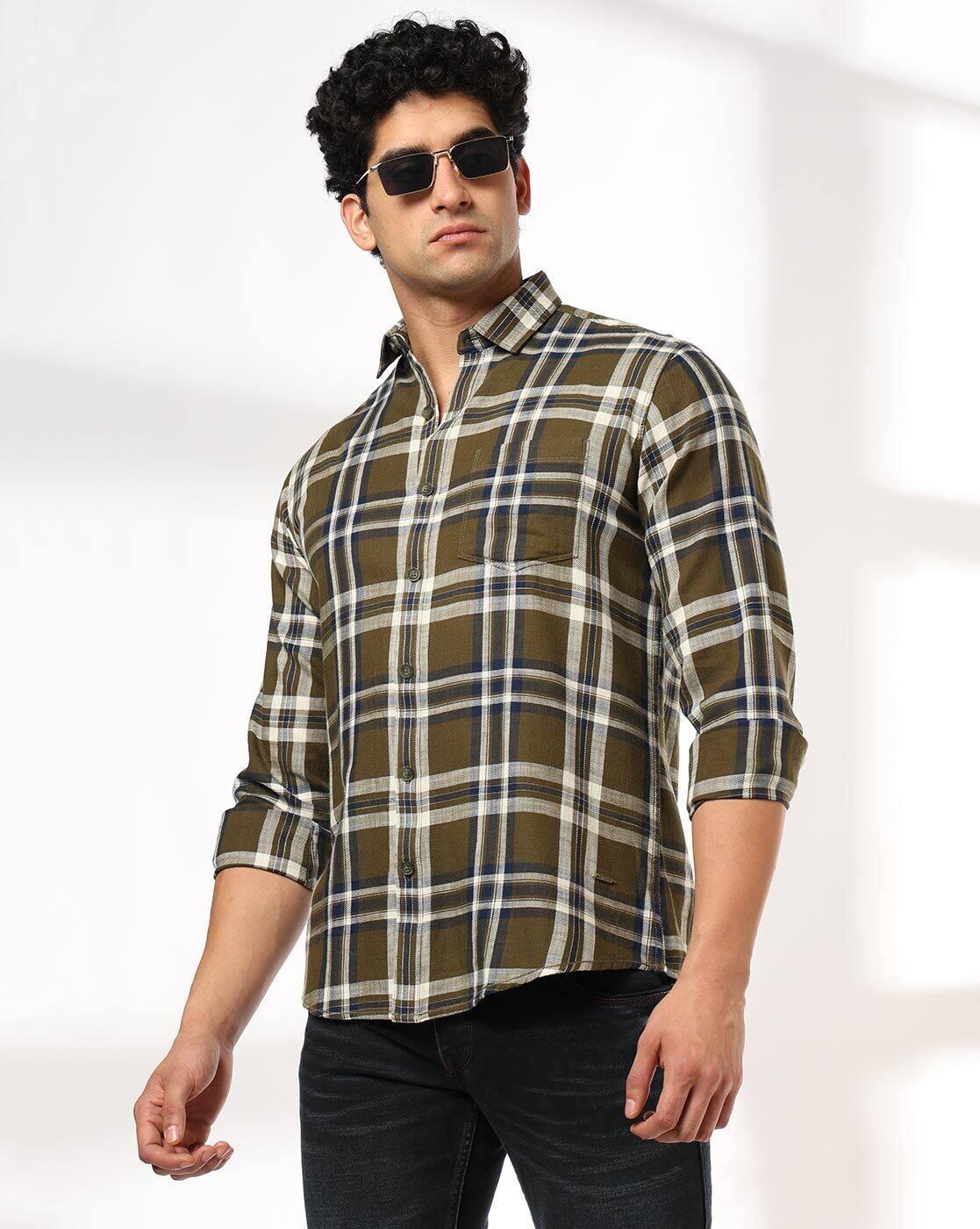 JOHN PLAYERS JEANS | Men Checked Slim Fit Shirt with Patch Pocket|0