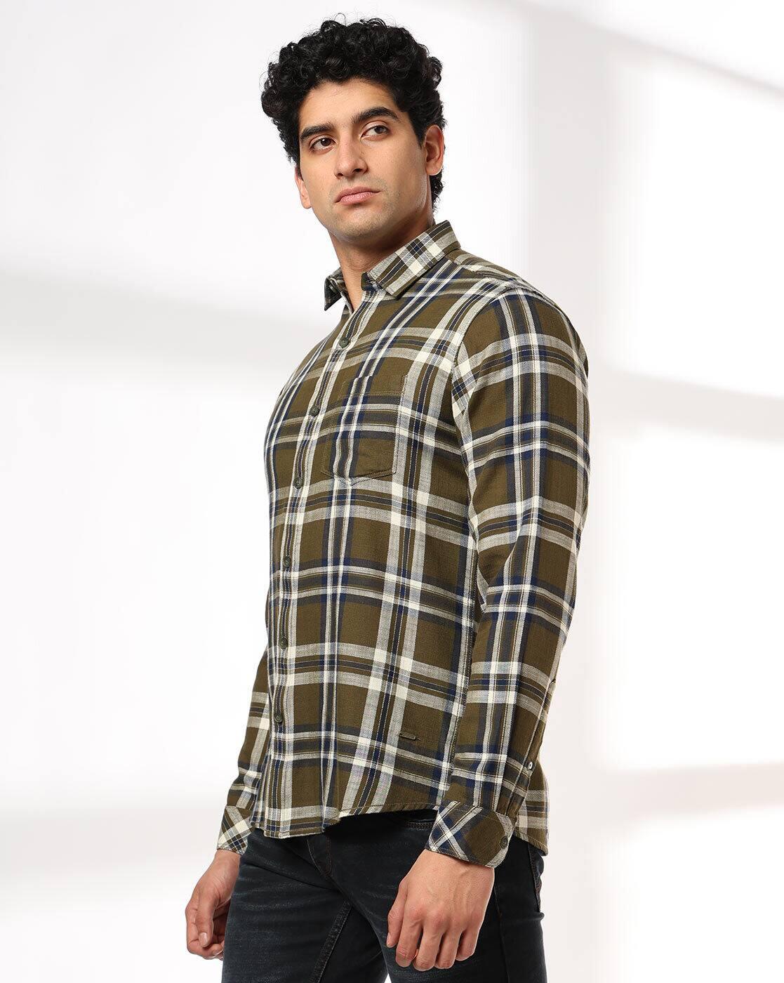 JOHN PLAYERS JEANS | Men Checked Slim Fit Shirt with Patch Pocket|1