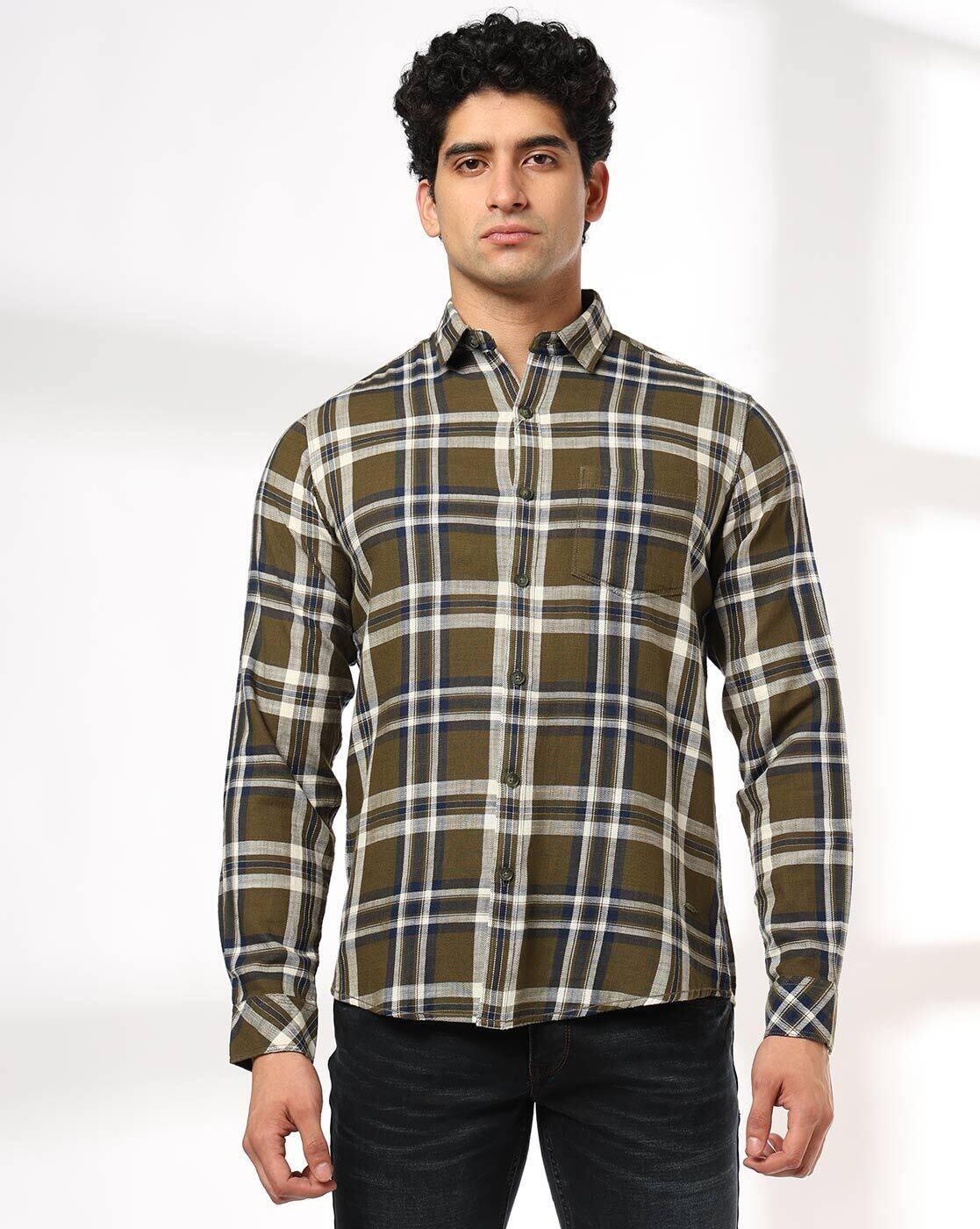 JOHN PLAYERS JEANS | Men Checked Slim Fit Shirt with Patch Pocket|3