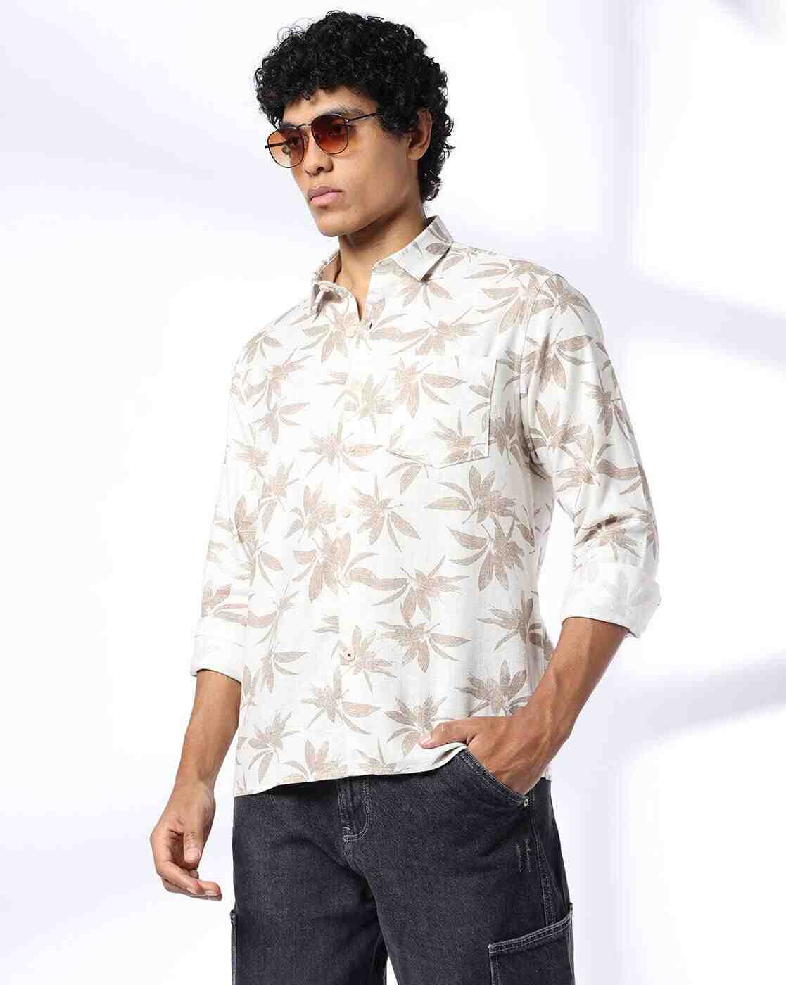 JOHN PLAYERS JEANS | Men Leaf Print Slim Fit Cotton Shirt with Patch Pocket|0