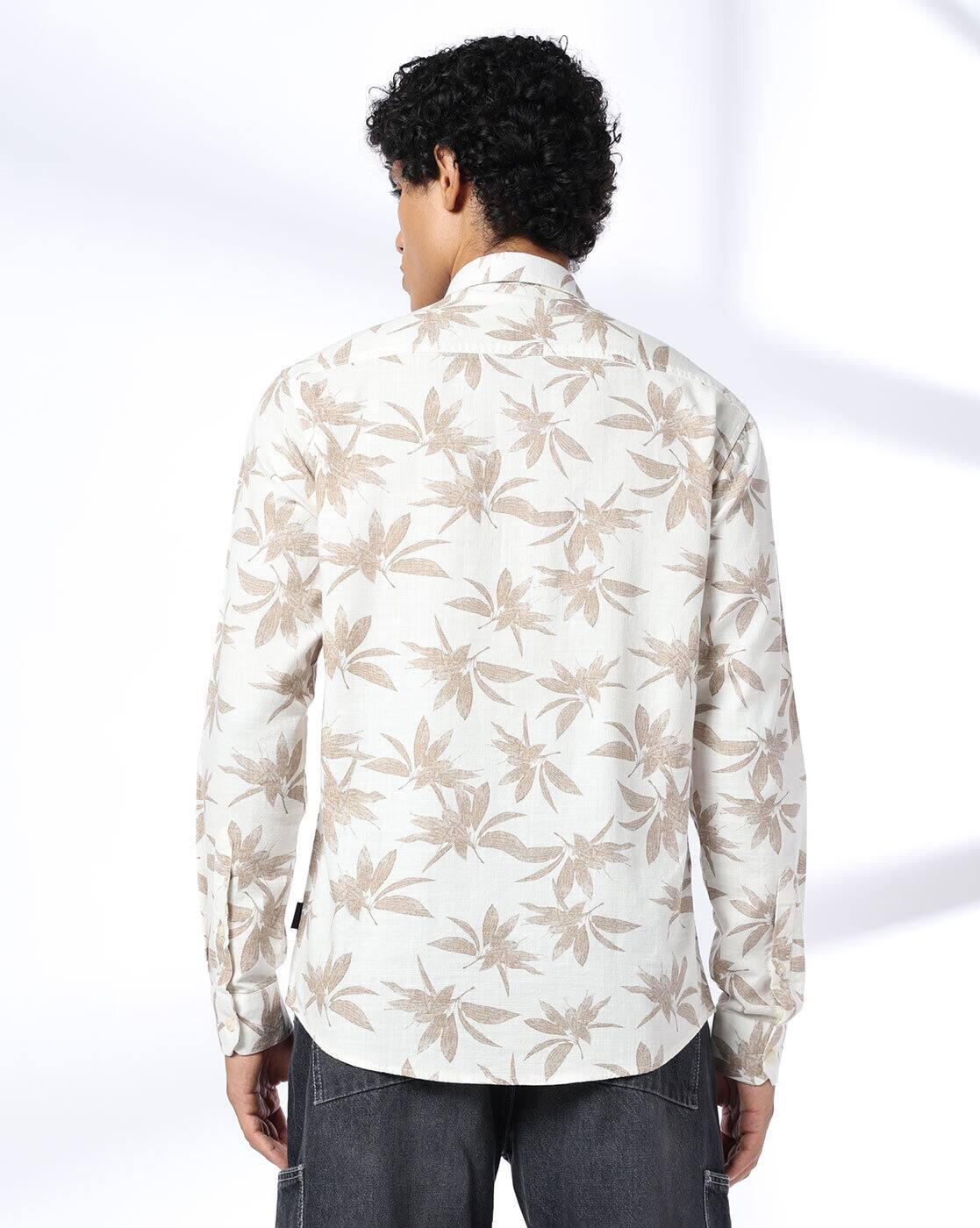 JOHN PLAYERS JEANS | Men Leaf Print Slim Fit Cotton Shirt with Patch Pocket|2