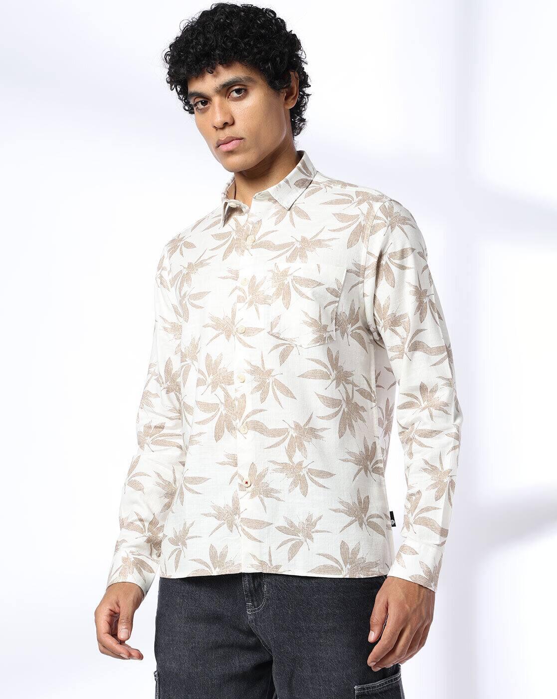 JOHN PLAYERS JEANS | Men Leaf Print Slim Fit Cotton Shirt with Patch Pocket|3