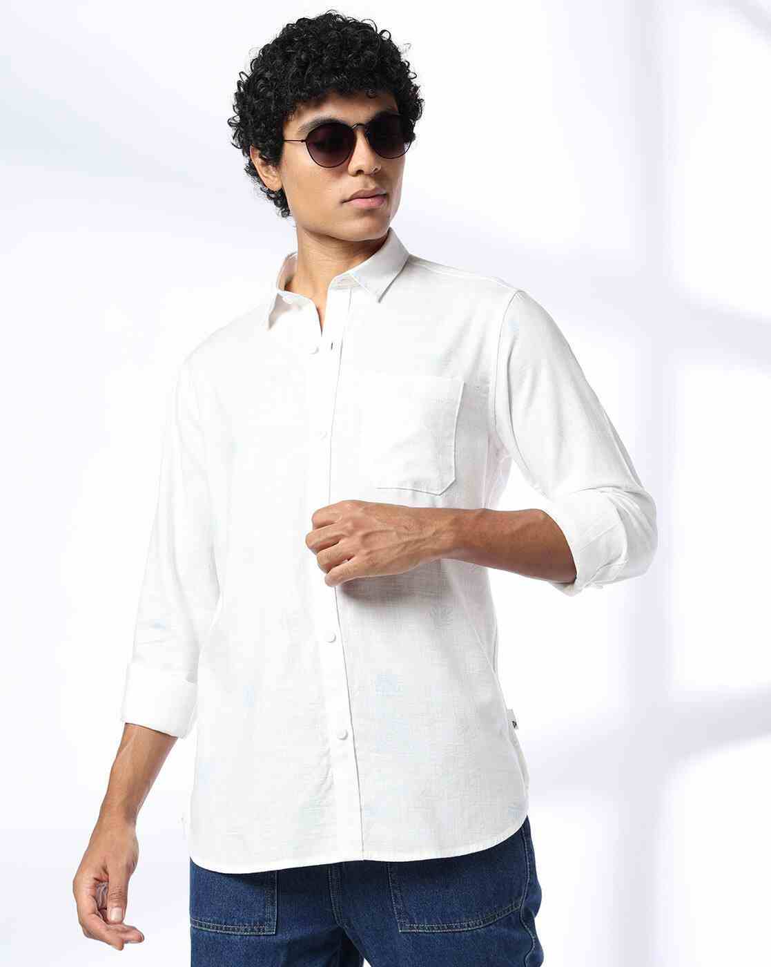 JOHN PLAYERS JEANS | Men Patterned Slim Fit Cotton Shirt with Patch Pocket|0