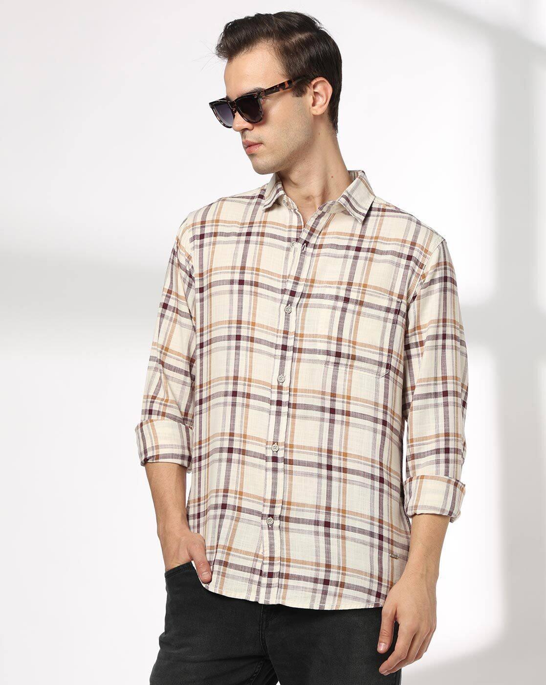 JOHN PLAYERS JEANS | Men Checked Slim Fit Cotton Shirt with Patch Pocket|0