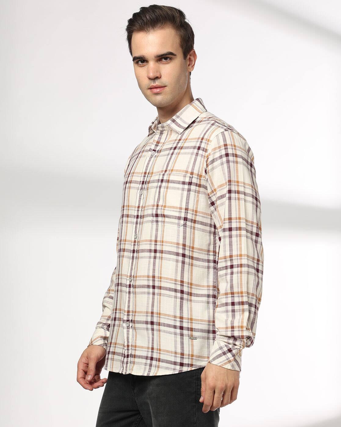 JOHN PLAYERS JEANS | Men Checked Slim Fit Cotton Shirt with Patch Pocket|1