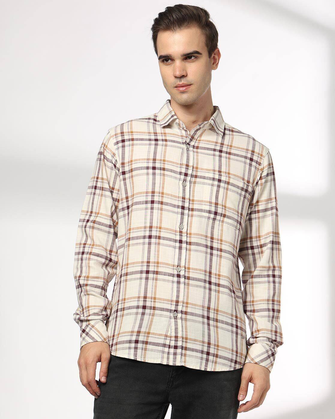 JOHN PLAYERS JEANS | Men Checked Slim Fit Cotton Shirt with Patch Pocket|3