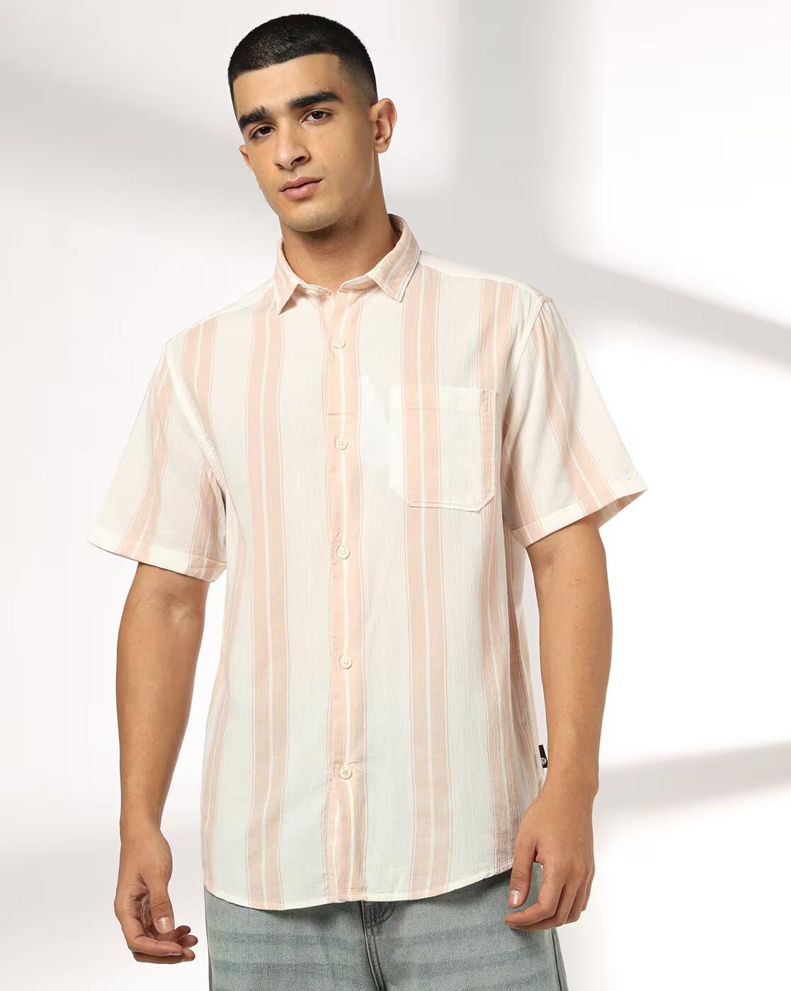 JOHN PLAYERS JEANS | Men Striped Regular Fit Cotton Shirt with Patch Pocket|0