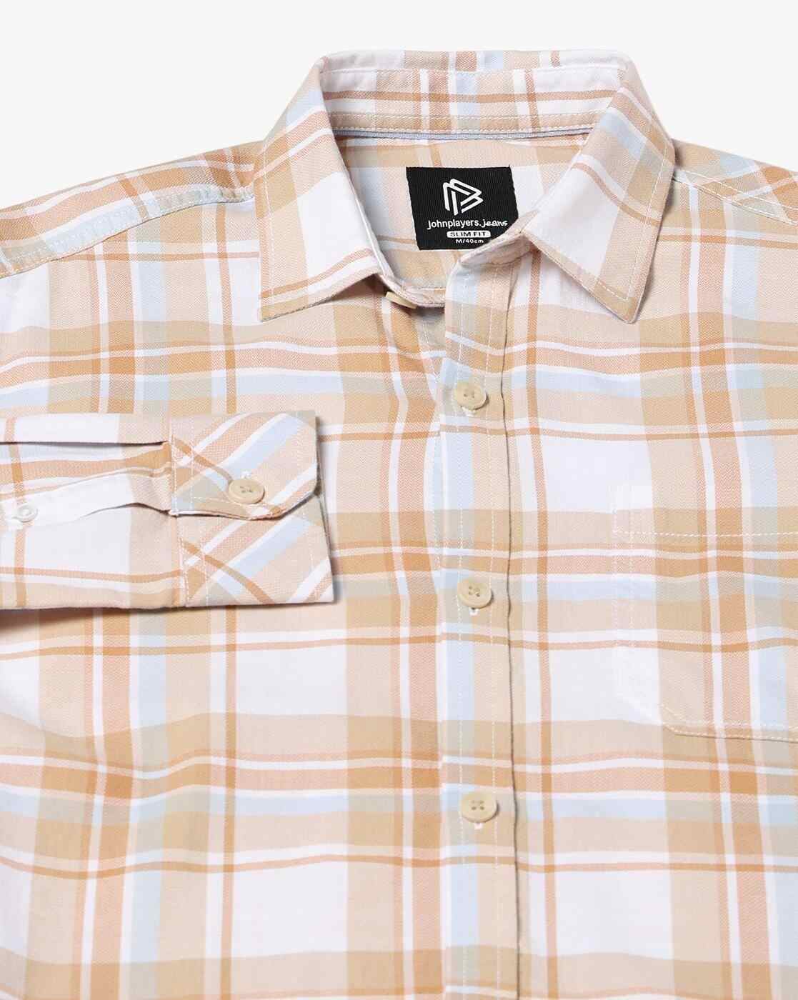 JOHN PLAYERS JEANS | Men Checked Slim Fit Shirt with Patch Pocket|5