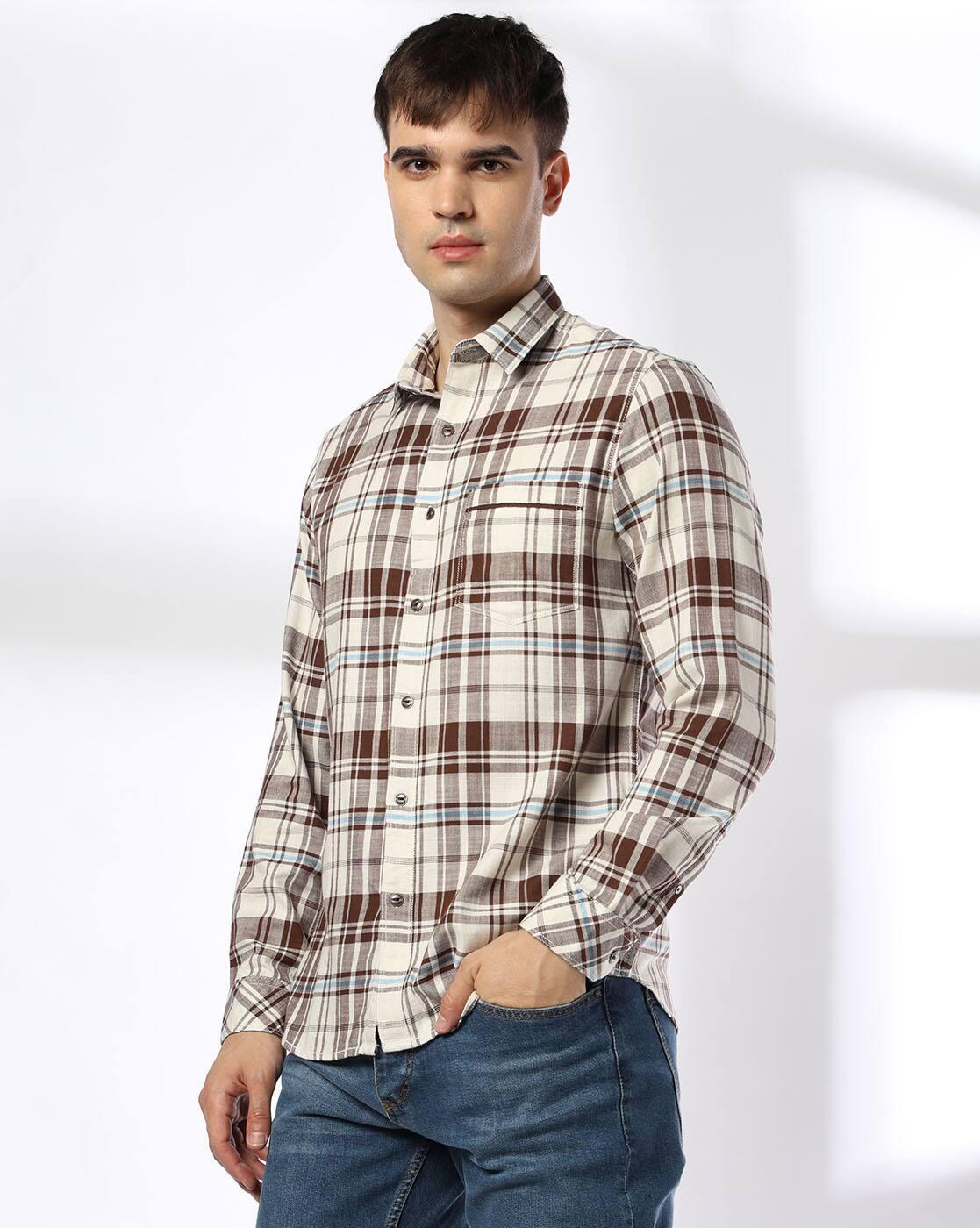 JOHN PLAYERS JEANS | Men Checked Slim Fit Shirt with Patch Pocket|1