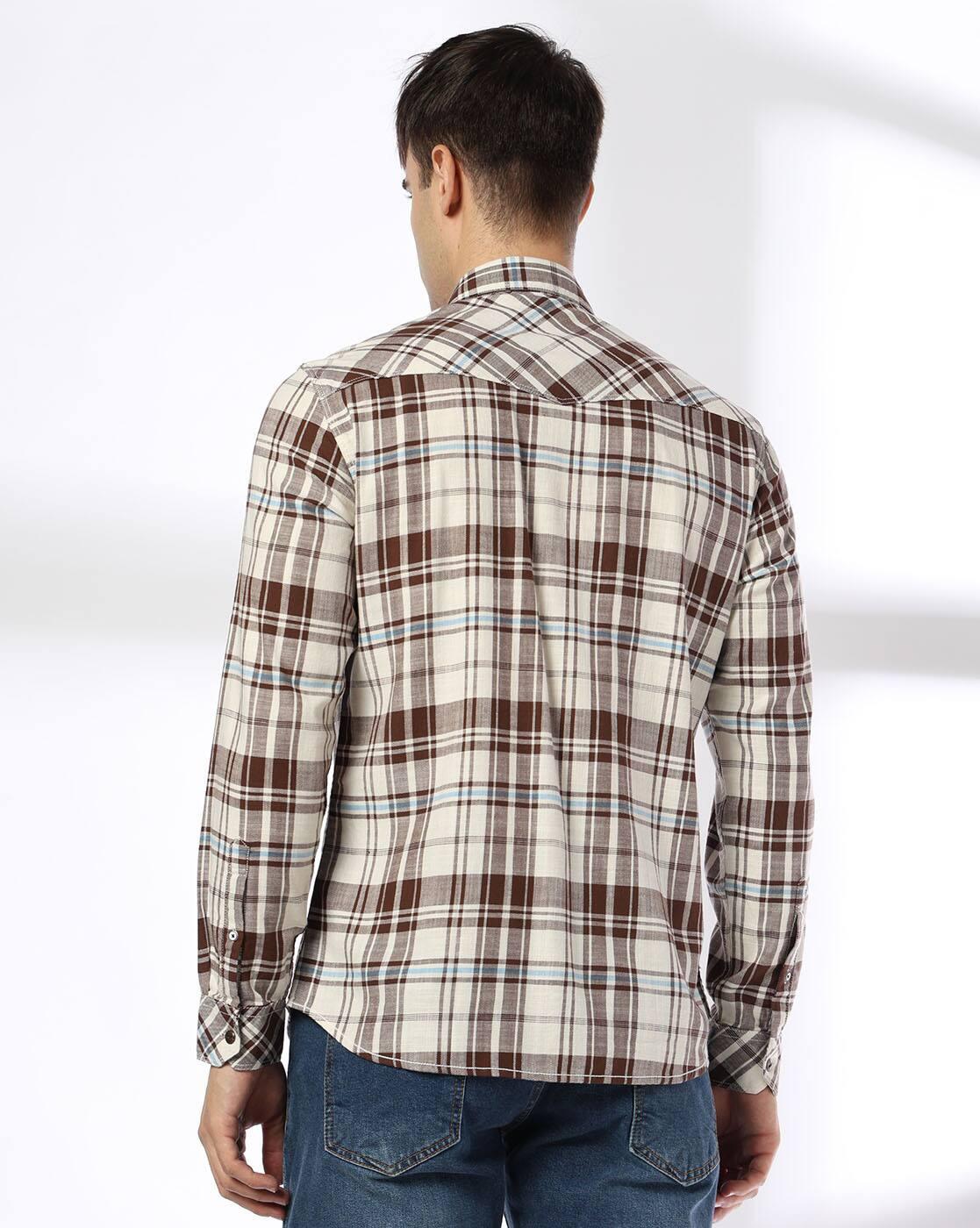 JOHN PLAYERS JEANS | Men Checked Slim Fit Shirt with Patch Pocket|2