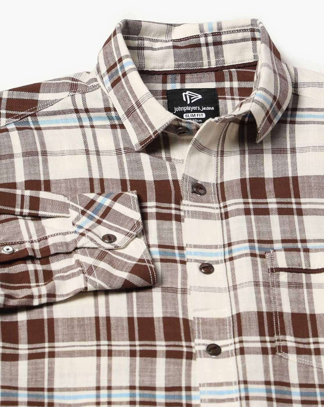 JOHN PLAYERS JEANS | Men Checked Slim Fit Shirt with Patch Pocket|5