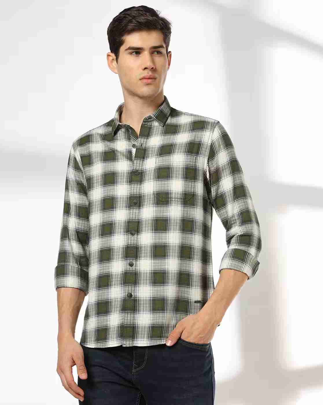 JOHN PLAYERS JEANS | Men Checked Slim Fit Shirt with Patch Pocket|0