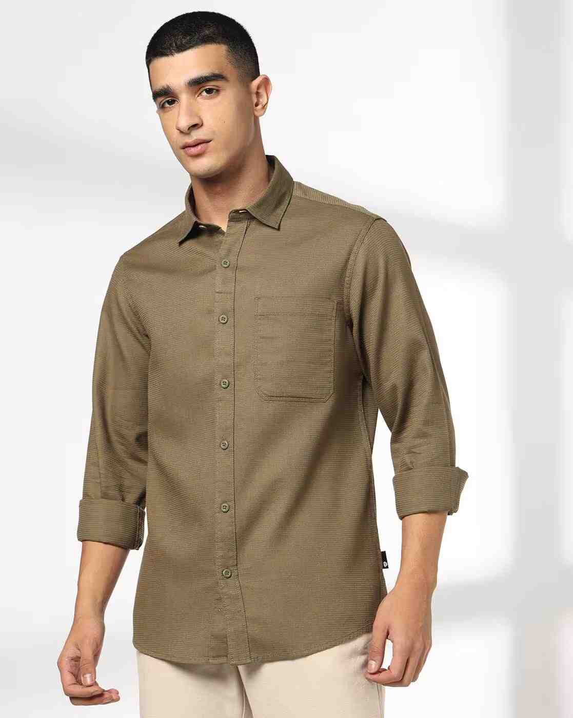 Men Slim Fit Cotton Structured Shirt with Patch Pocket