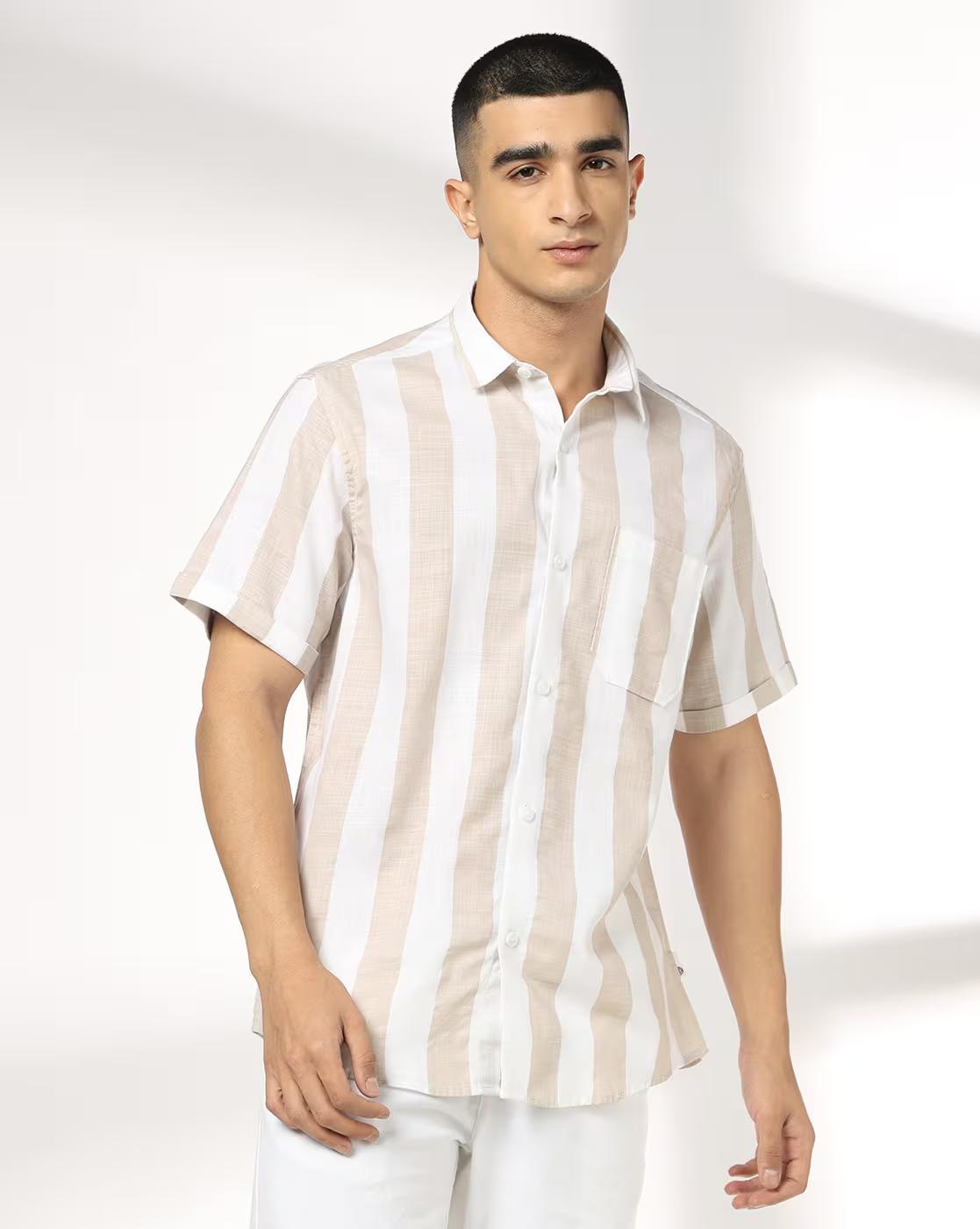 JOHN PLAYERS JEANS | Men Striped Regular Fit Shirt with Patch Pocket|0