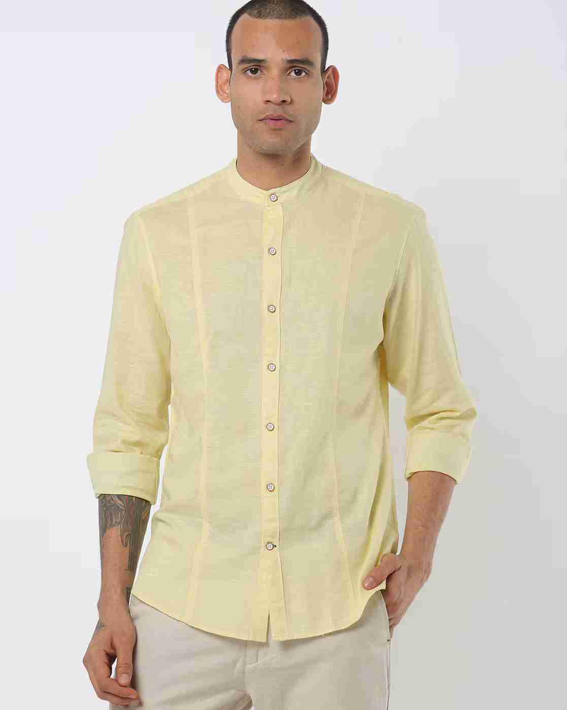 JOHN PLAYERS | Men Slim Fit Shirt with Band Collar|0