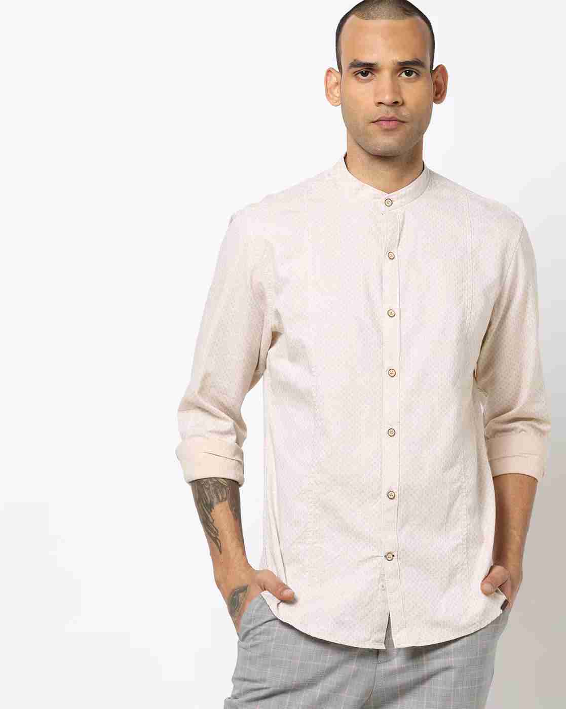 Men Slim Fit Shirt with Band Collar