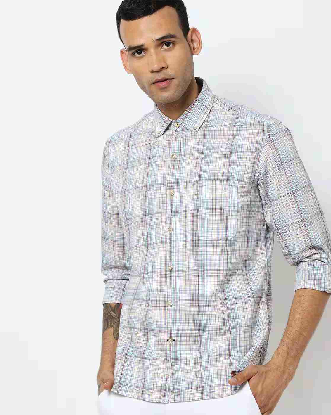 JOHN PLAYERS | Checked Slim Fit Shirt with Button-Down Collar|0