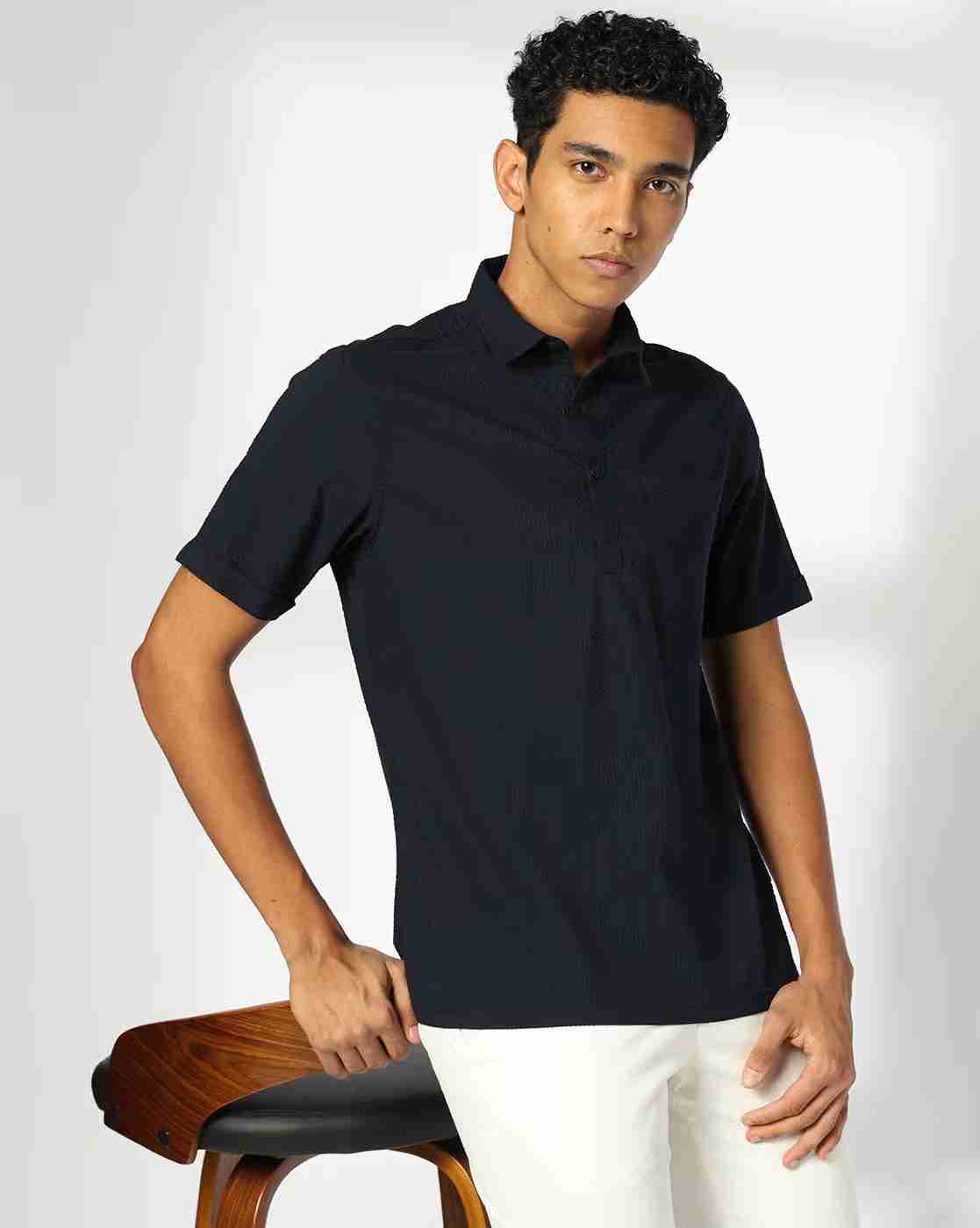 Men Slim Fit Shirt with Spread Collar