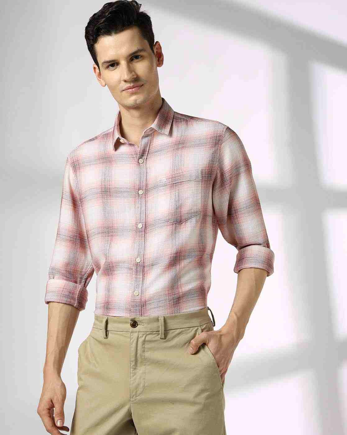 JOHN PLAYERS | Men Checked Slim Fit Shirt with Patch Pocket|0