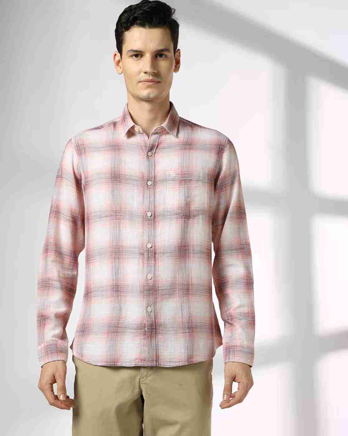 JOHN PLAYERS | Men Checked Slim Fit Shirt with Patch Pocket|3