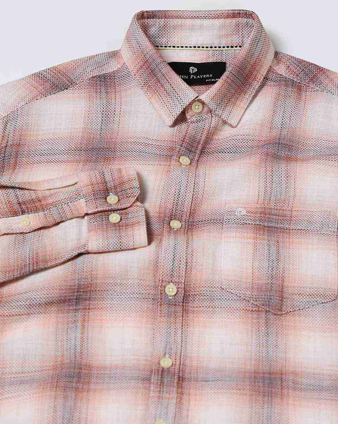 JOHN PLAYERS | Men Checked Slim Fit Shirt with Patch Pocket|5