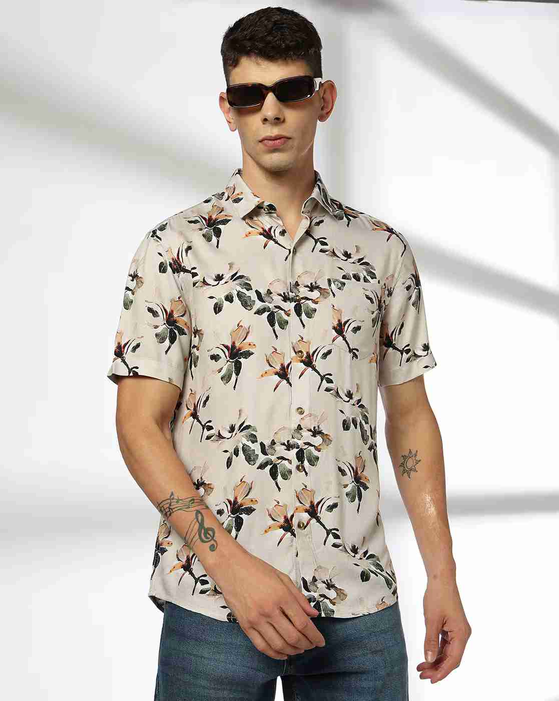 John Players | Men Floral Print Slim Fit Shirt with Patch Pocket|0