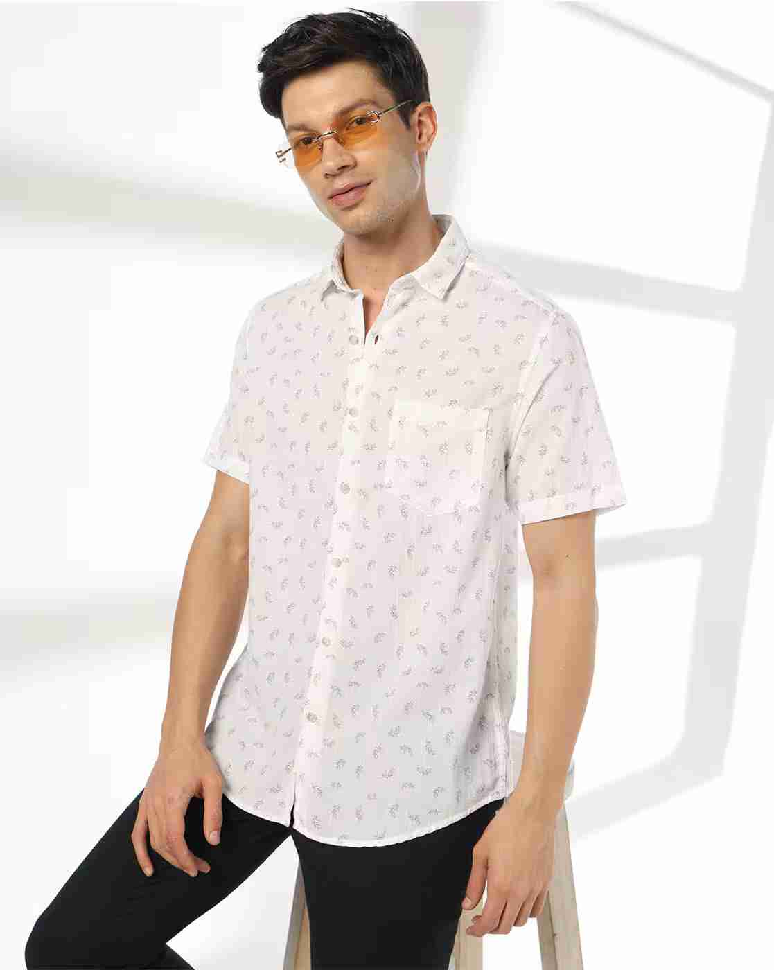 JOHN PLAYERS | Men Leaf Print Slim Fit Shirt with Patch Pocket|0