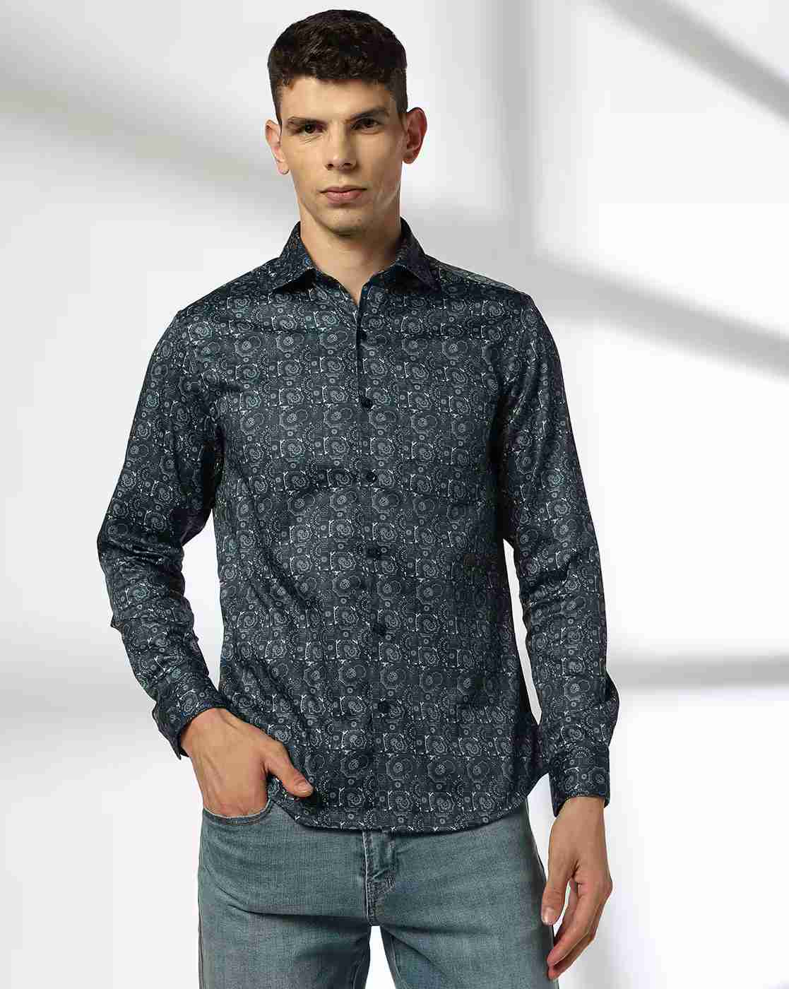 JOHN PLAYERS | Men Floral Print Slim Fit Shirt with Patch Pocket|3