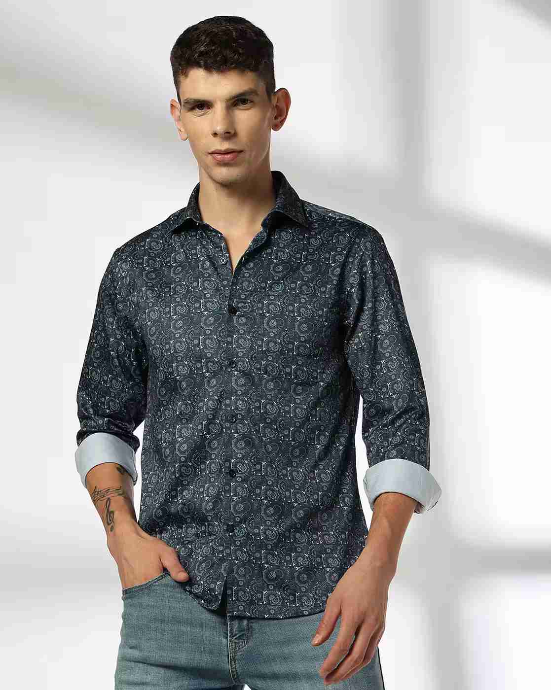 JOHN PLAYERS | Men Floral Print Slim Fit Shirt with Patch Pocket|4