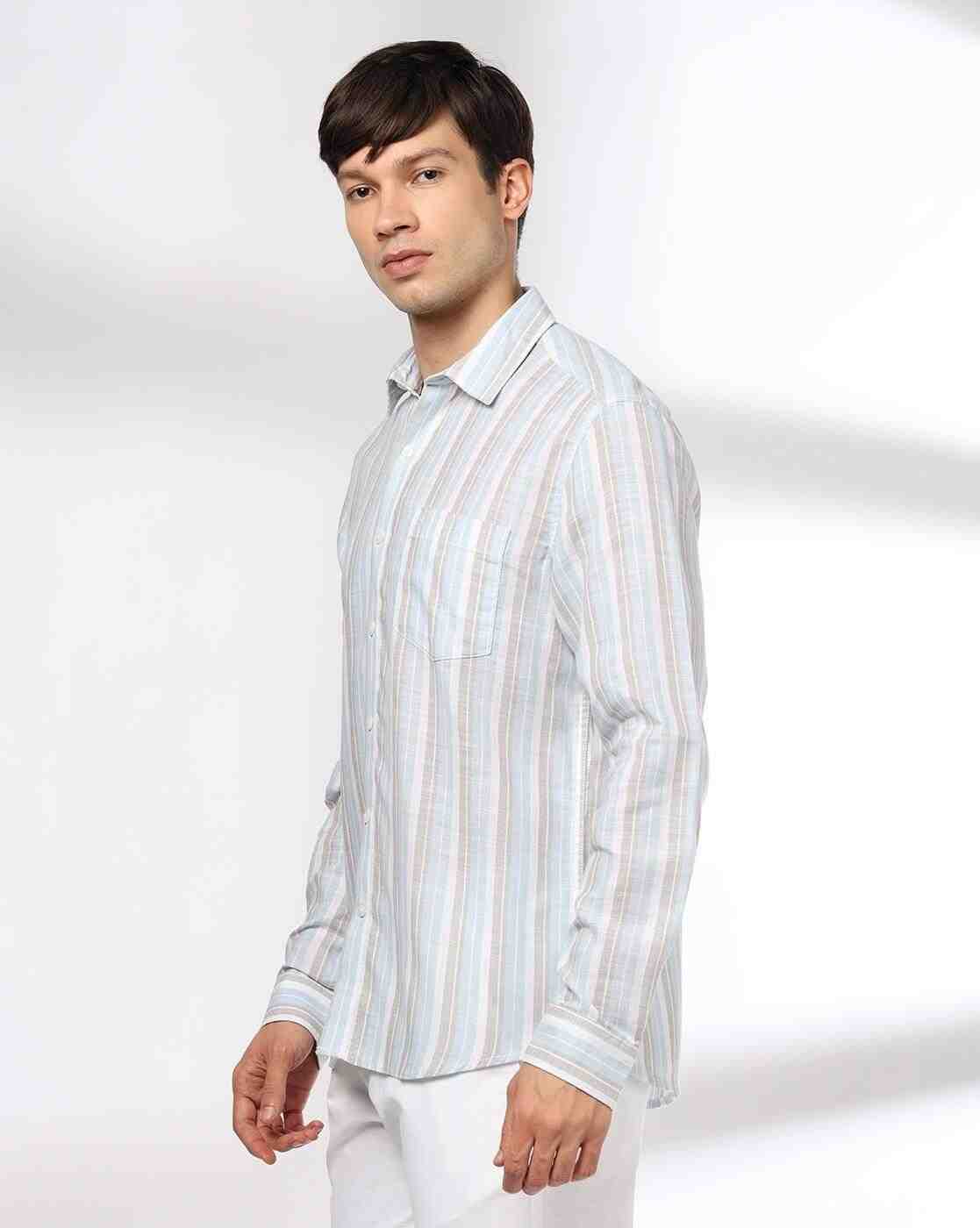 John Players | Men Striped Slim Fit Shirt with Patch Pocket|1