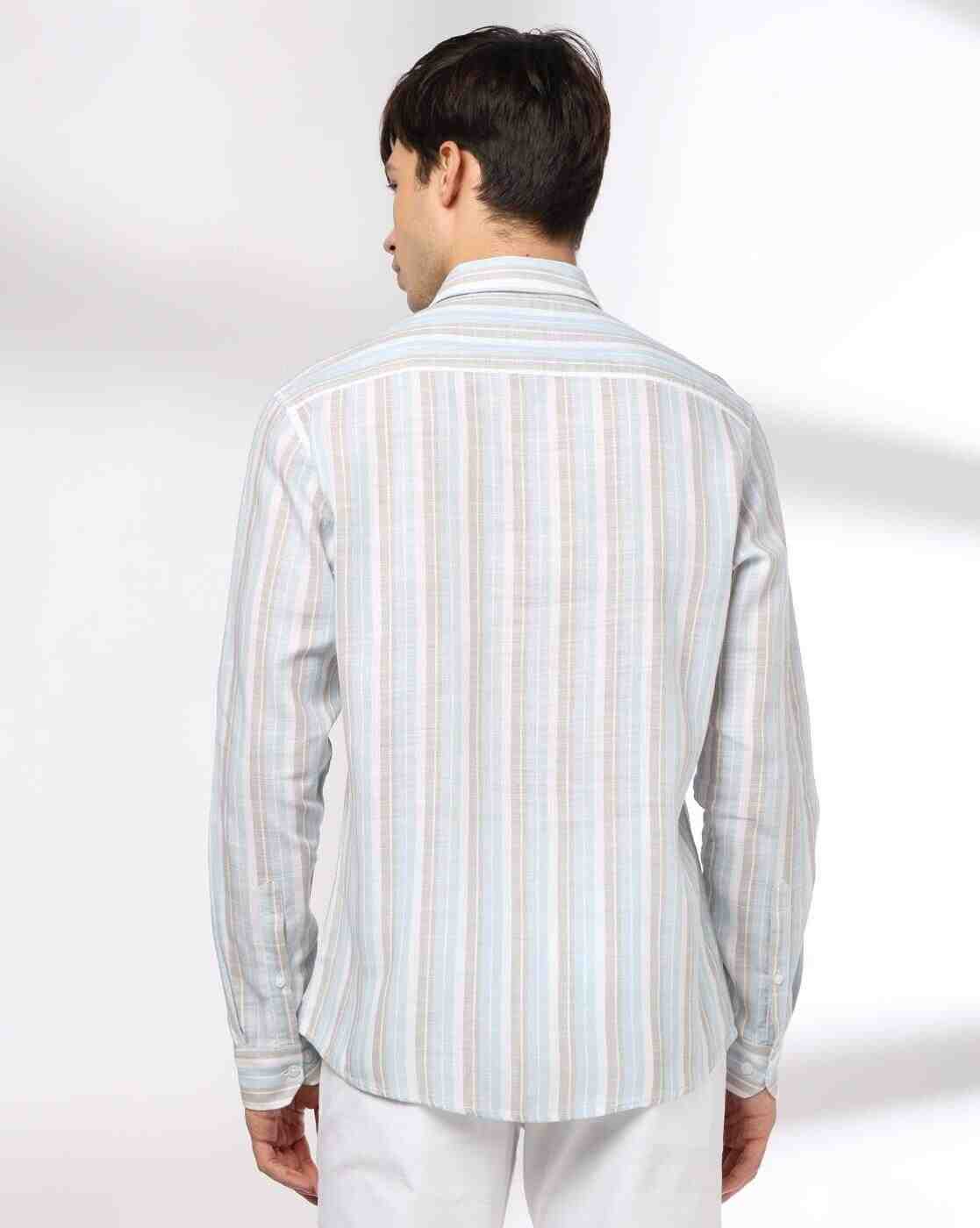 John Players | Men Striped Slim Fit Shirt with Patch Pocket|2