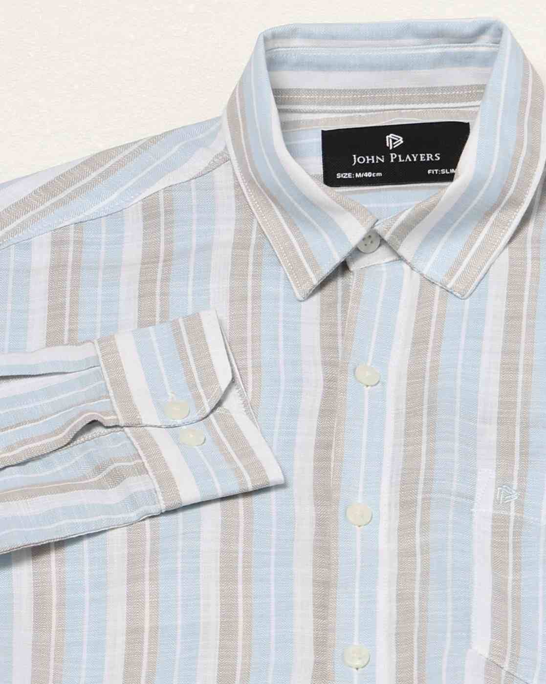 John Players | Men Striped Slim Fit Shirt with Patch Pocket|5