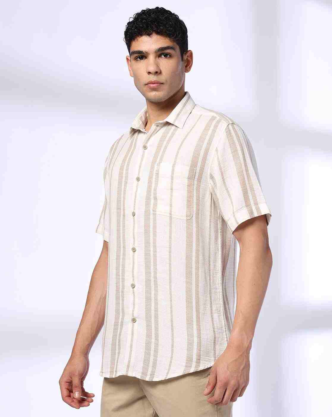 JOHN PLAYERS | Men Striped Slim Fit Shirt with Patch Pocket|1