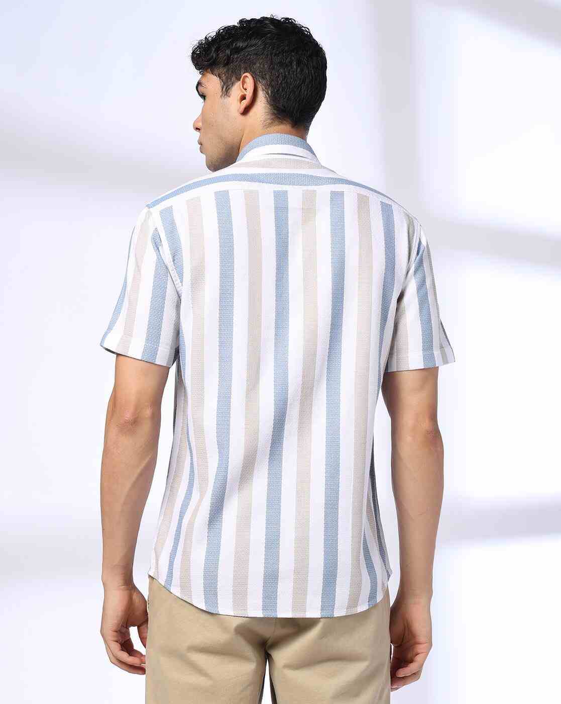 JOHN PLAYERS | Men Striped Slim Fit Shirt with Patch Pocket|1