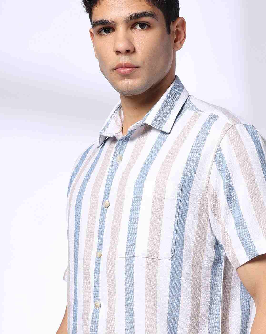 JOHN PLAYERS | Men Striped Slim Fit Shirt with Patch Pocket|2