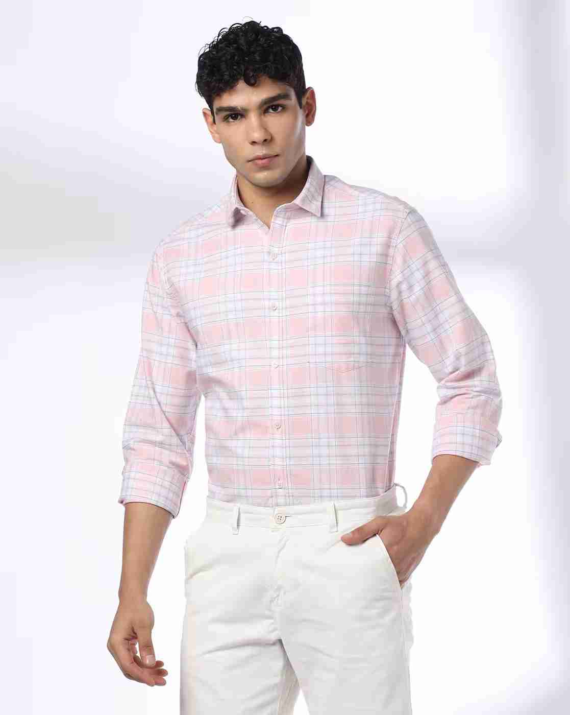 JOHN PLAYERS | Men Checked Slim Fit Shirt with Patch Pocket|0