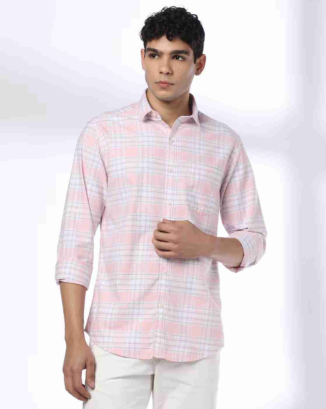 JOHN PLAYERS | Men Checked Slim Fit Shirt with Patch Pocket|4