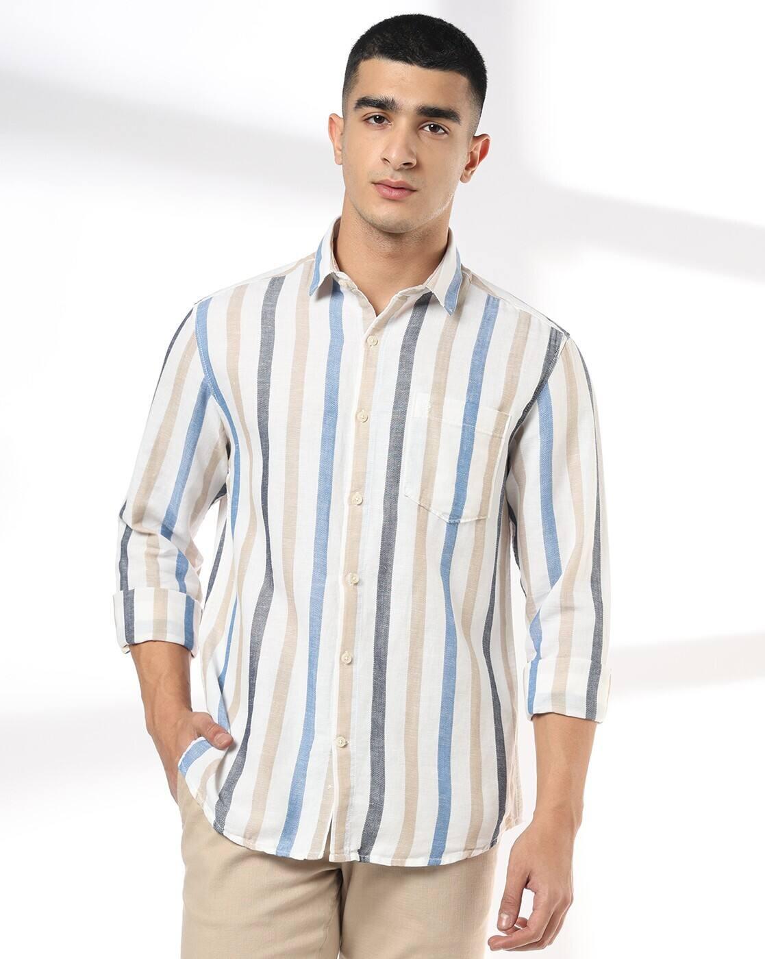 John Players | Men Striped Slim Fit Cotton Linen Shirt with Patch Pocket|0