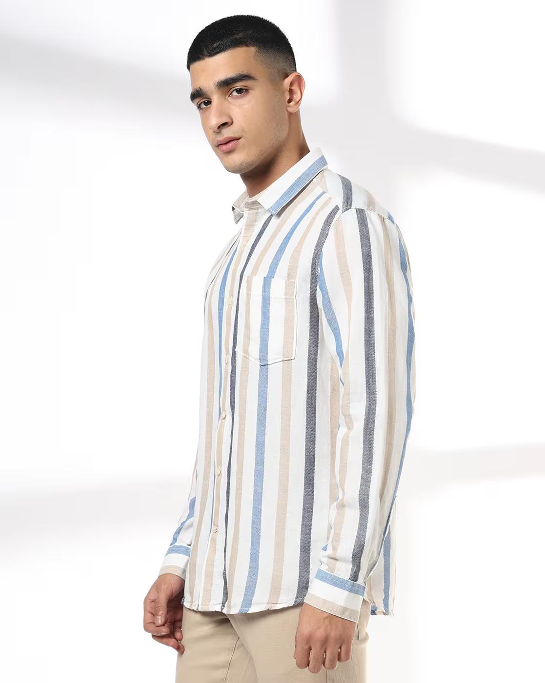 John Players | Men Striped Slim Fit Cotton Linen Shirt with Patch Pocket|1