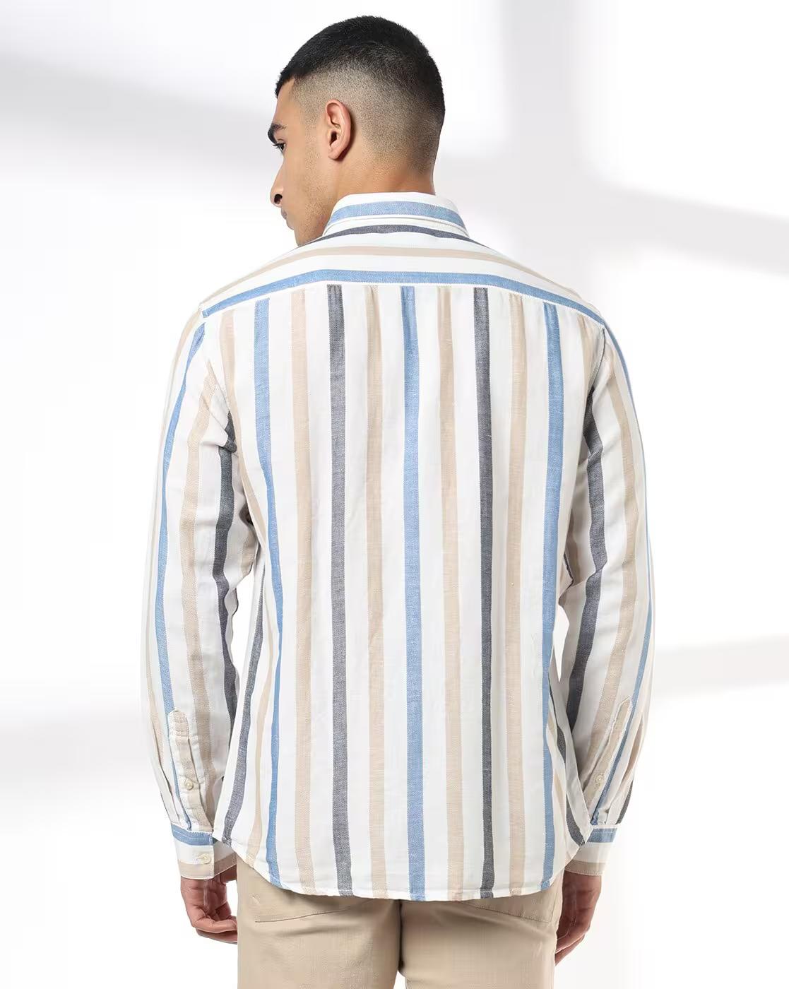 John Players | Men Striped Slim Fit Cotton Linen Shirt with Patch Pocket|2