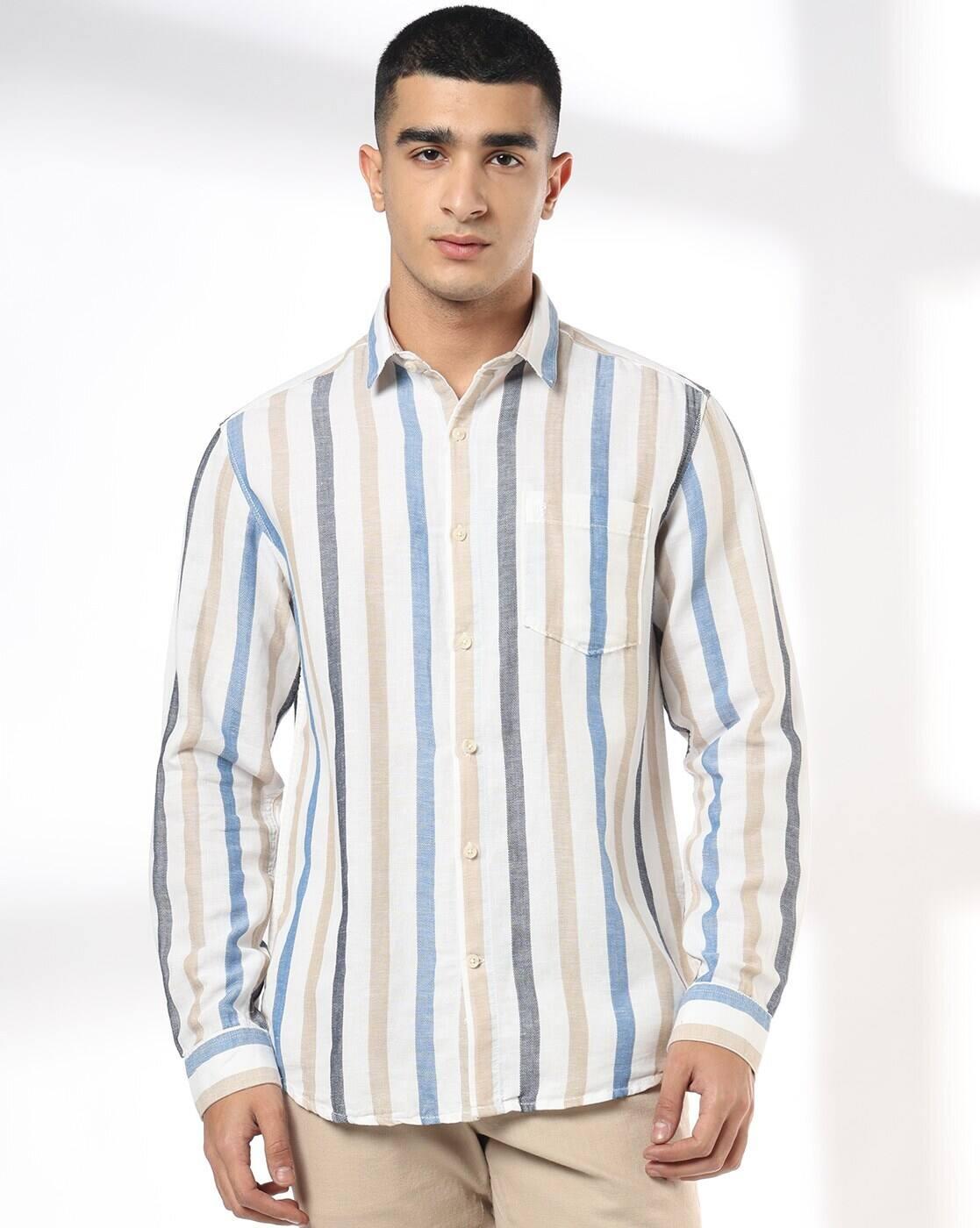 John Players | Men Striped Slim Fit Cotton Linen Shirt with Patch Pocket|3